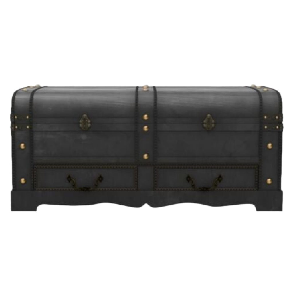 Vintage Zwarte Schatkist met Laden en Messing Details