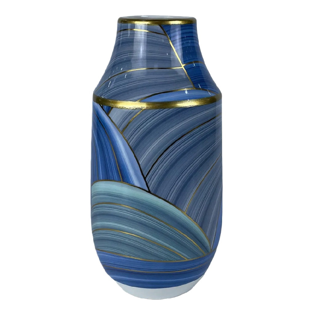 Luxe Blauwe Keramische Vaas met Gouden Lijnen - Handgeschilderd Golfontwerp - Moderne Decoratieve Vaas voor Interieur