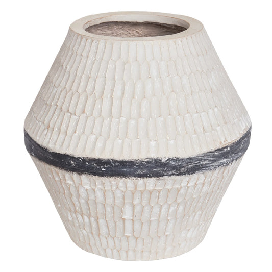 Grote Keramische Decoratieve Vaas met Schubbenpatroon - Rustiek Wit met Zwarte Band - Etnische Stijl Sierpot