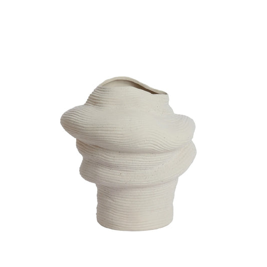 Abstracte Organische Keramische Vaas - Golvend Gestapeld Design - Mat Witte Sculpturale Bloemvaas