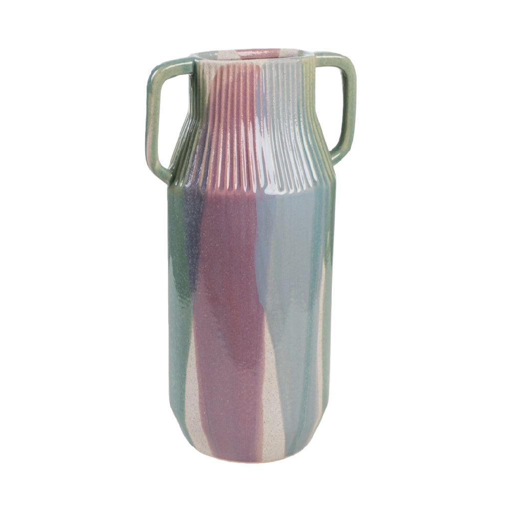 Kleurrijke Keramische Vaas met Verticale Ribbels - Handgeschilderd Abstract Design - Moderne Vaas met Handvaten