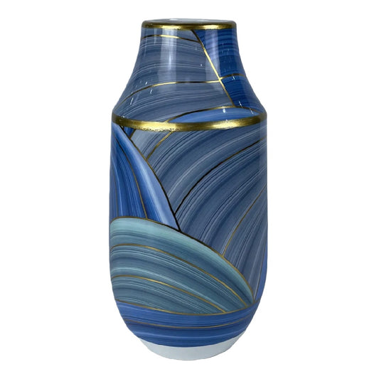 Luxe Blauwe Keramische Vaas met Gouden Lijnen - Handgeschilderd Golfontwerp - Moderne Decoratieve Vaas voor Interieur